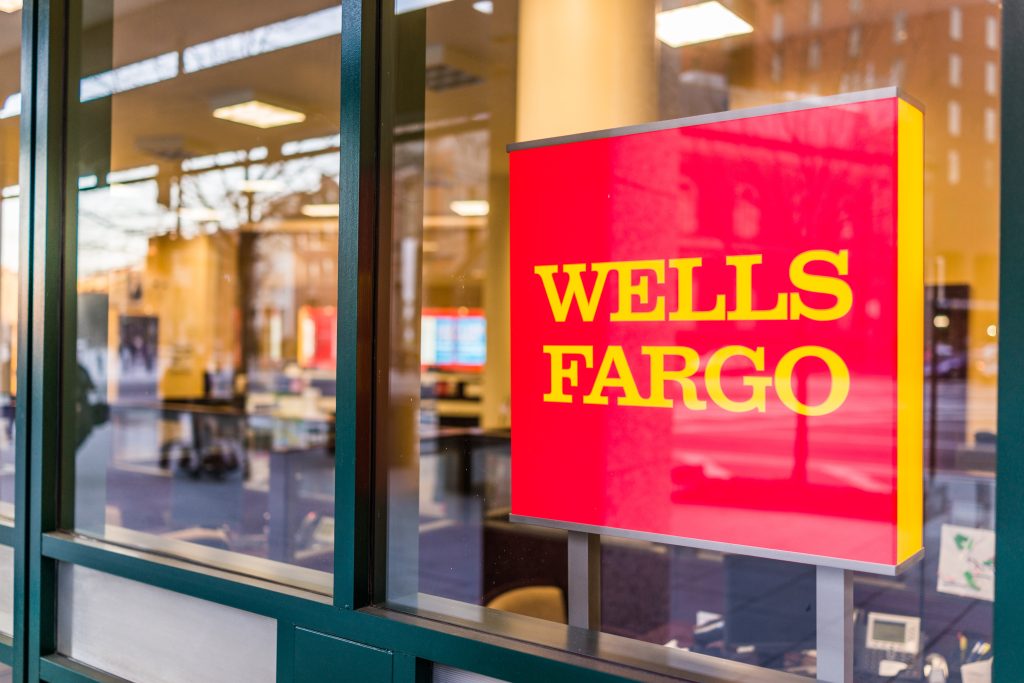 Wells Fargo Bank entrance with sign. 