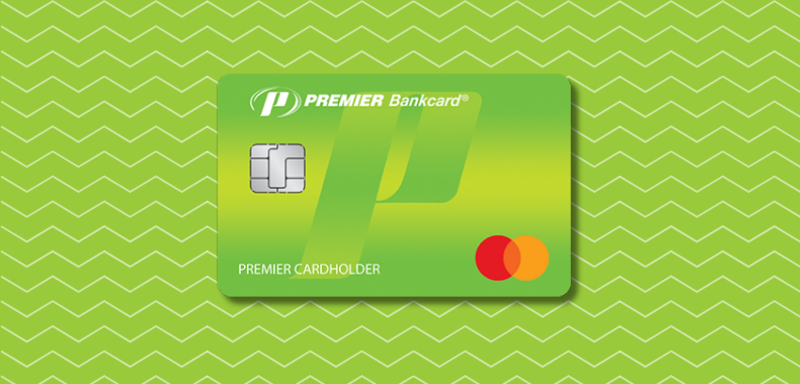 PREMIER Bankcard® Secured Credit Card on a green background.